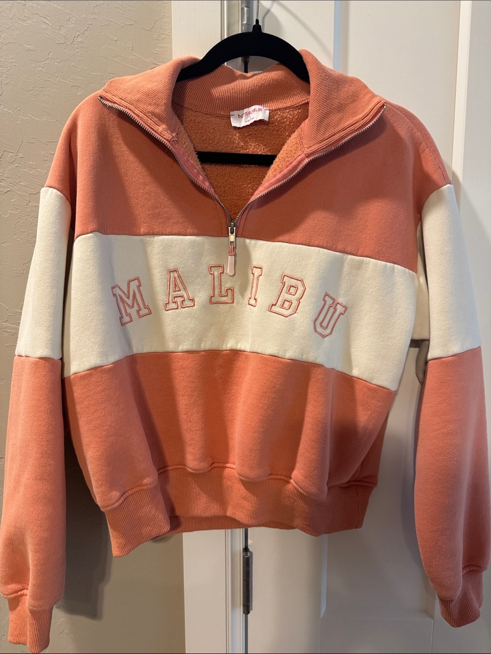 Buttermelon Malibu Quarter-Zip Colorblock Pullover - Coral & White
